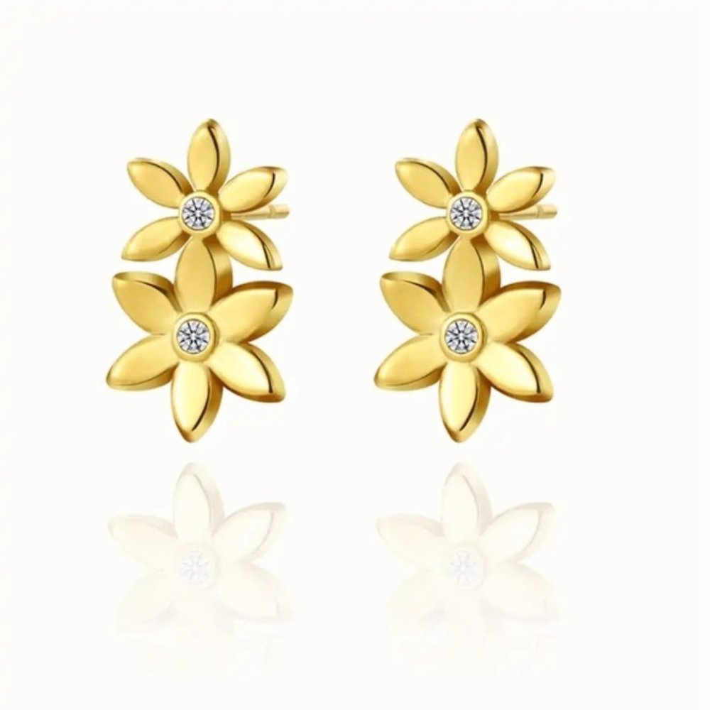 18k Gold Plated Flower Zircon Stud Earrings